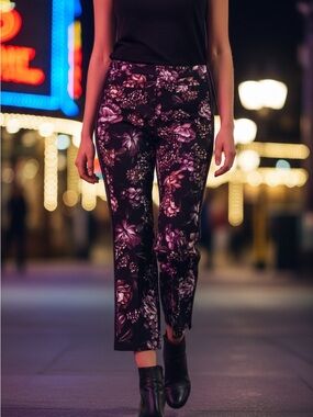 Floral Print Straight-Leg Pants in Black & Purple